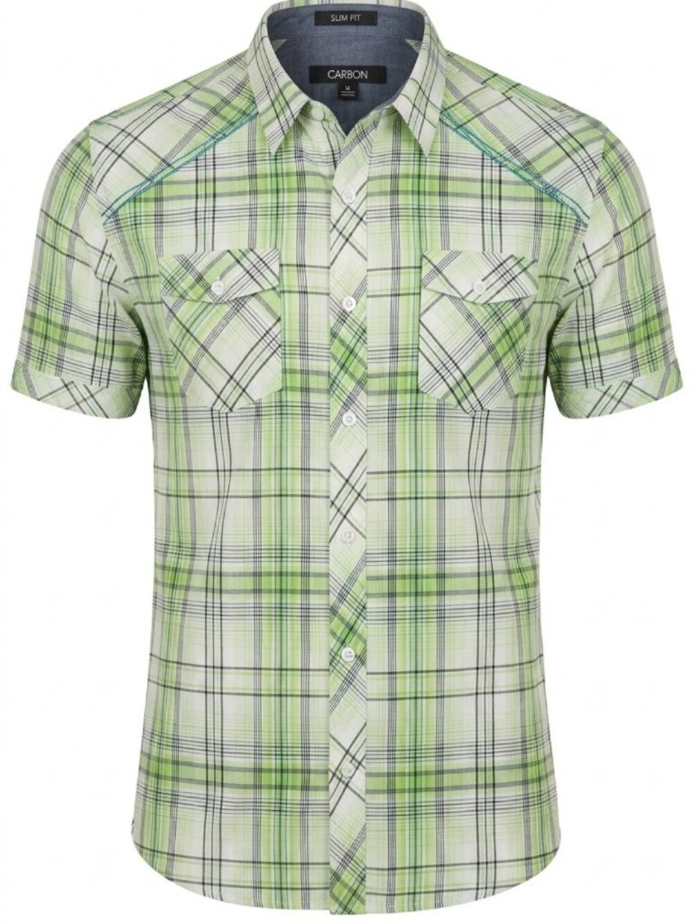 Carbon Mens Shirt Size Large Slim Fit Green White Plaid Short Sleeve